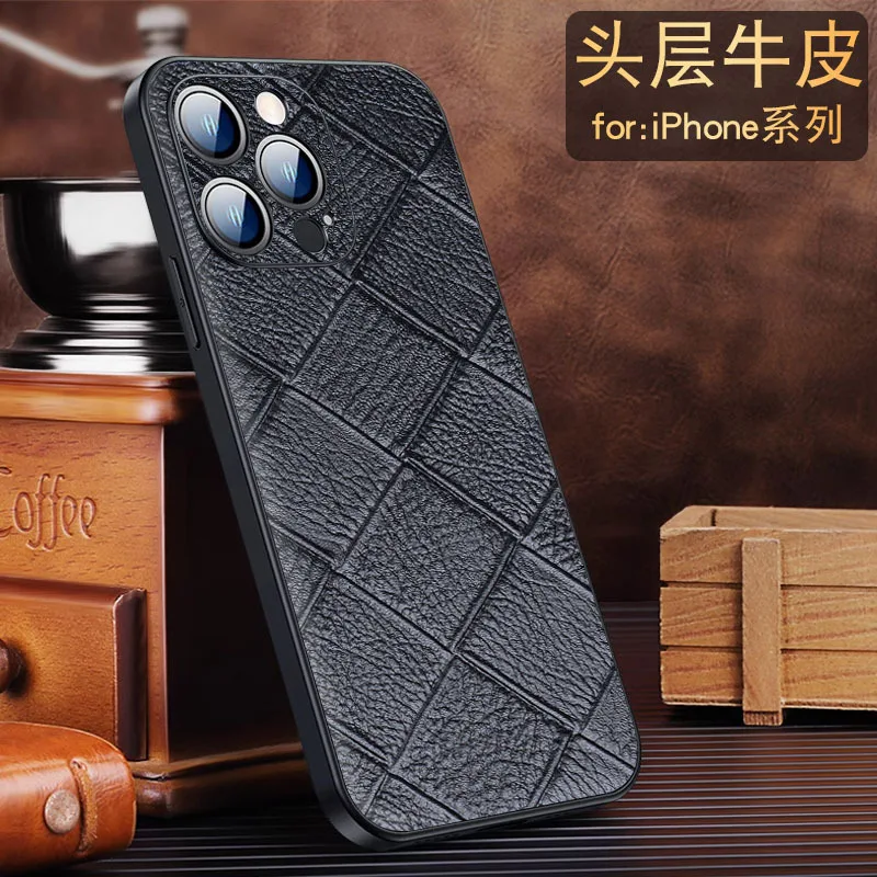 

Hot Sales Luxury Genuine Leather Argyle Phone Case For Iphone 15 Pro Max & 15 Plus Shockproof Back Cover Fundas Cases