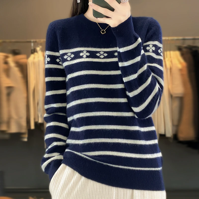 

2023 Autumn/Winter New Women's 100% Pure Wool Round Neck Solid Stripe Pullover Loose Casual Fashion Long Sleeve Knitted Top