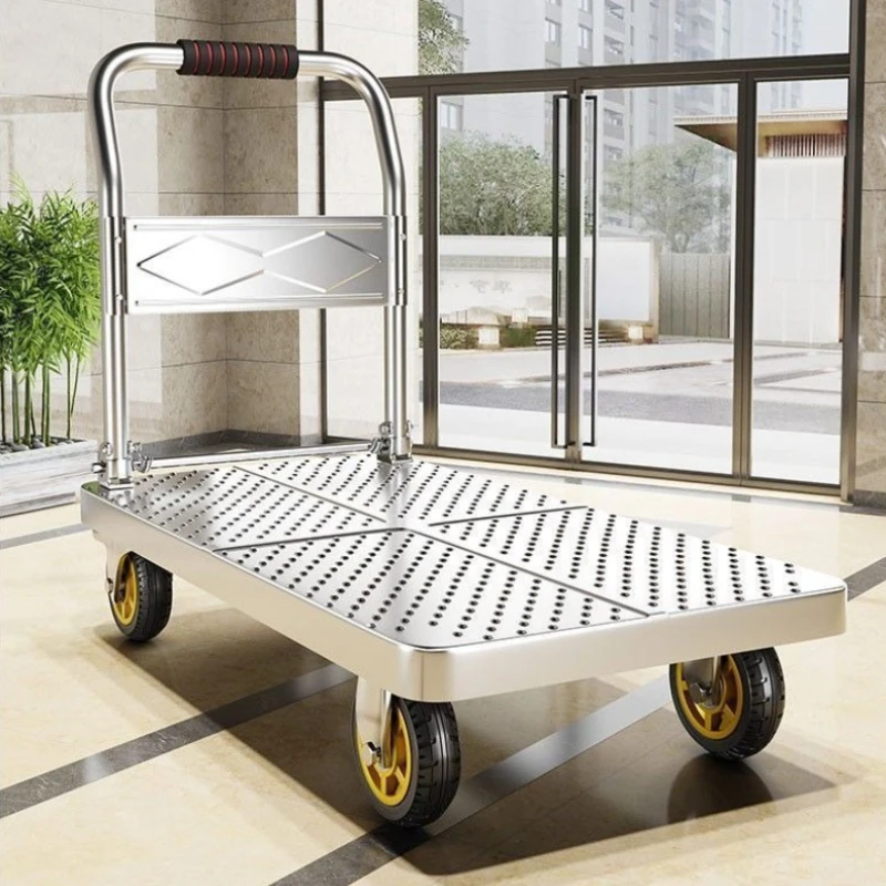 Reinforced steel frame flatbed handcart, hand pulled luggage cart, thickened steel plate handcart, silent wheel flatbed cart