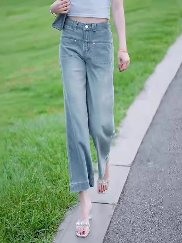 Verão fino novo 2025 luz azul denim cintura alta gelo seda drapey tamanho pequeno nove pontos perna reta calças de perna larga feminina