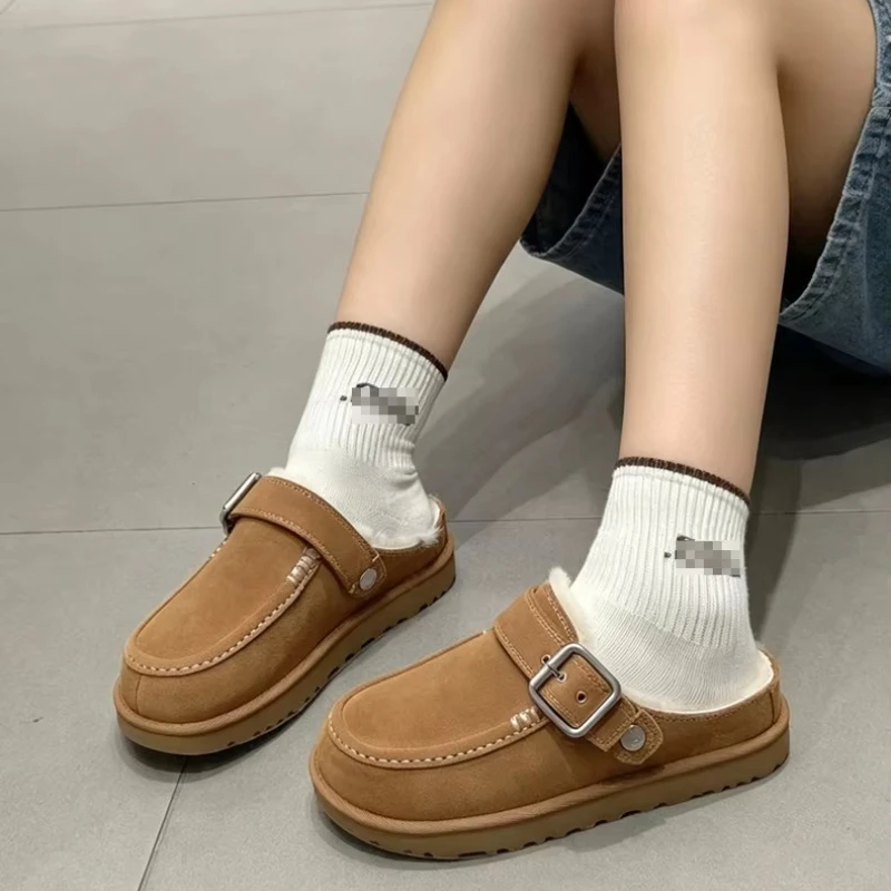 Women Casual Sheepskin Leather Slippers 2027 Winter Warm Thick Sole Retro Buckle Fur Lining Cotton Shoes Brown Woman Shoes