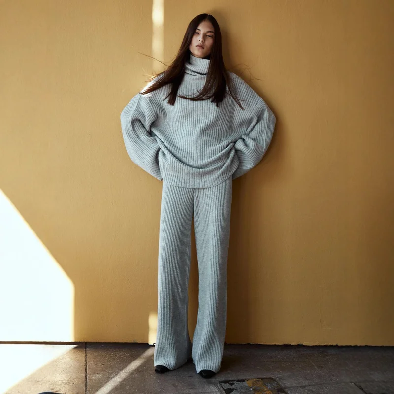 Turtleneck Wide-Leg Pants European and American 2025 Autumn Winter Warm Loose Knitted Sweater Set