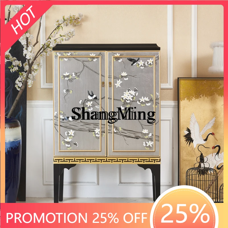 

SM Chinese-style solid wood painted flower and bird living room high-end wall dining side TV decorative high cabinet