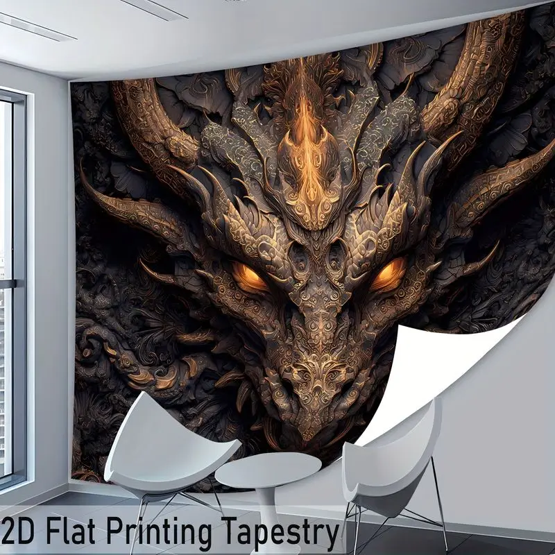 VIKAMA Wall Tapestry Dark Metal Wind Carving Dragon Tapestry Black Gold Retro Dragon Pattern Printed Print Tapestry Hanging