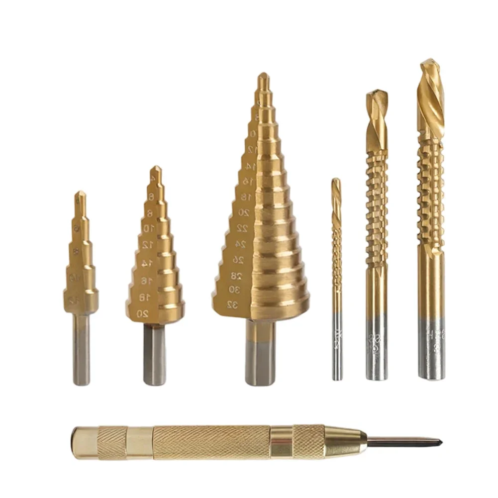 Center Punch Step Drill Bit Set Titanium Coated Engraved Size Marks Double Groove Design Double-edged Sawtooth
