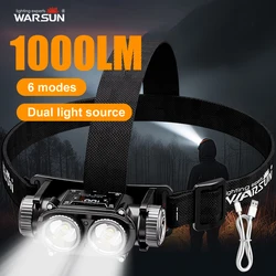 WARSUN 1000LM Dual Light Headlamp, 6 Modes, 40H Battery,  IPX5 Water Resistant, Hand Sensor for Camping, Hiking and Cycling