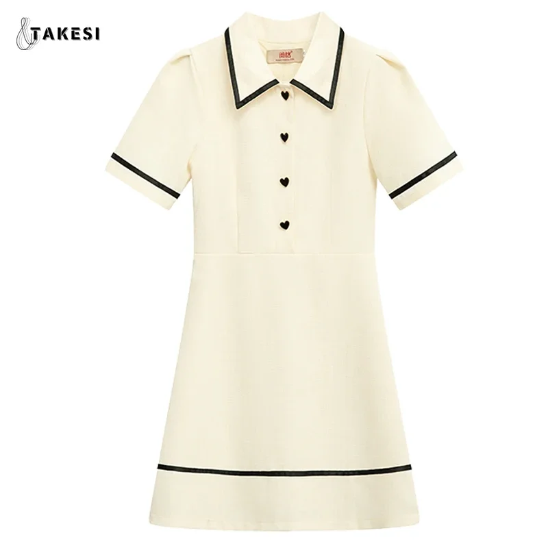 2024 Women\'s Summer Puff Sleeves Turndown Collar Polo Shirt Dress French Cute Classic Preppy Style Golf Tennis Mini Dresses Y2K