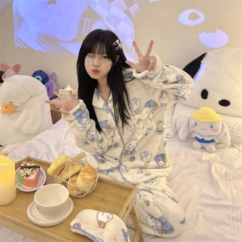 بيجامات سينامورول للفتيات للخريف والشتاء سميكة من الفلانيل المرجاني المخملي بدلة شتوية للطالبات ملابس منزلية ناعمة لطيفة