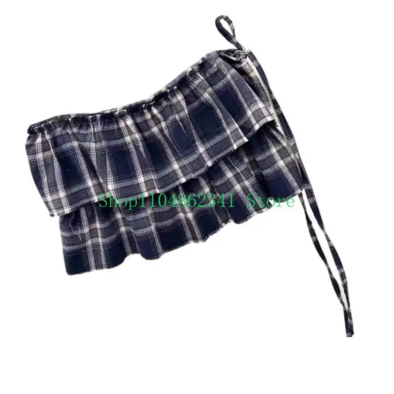 

5asd Women's Plaids Tiered Ruffled Overlay Mini Apron Wrap Skirt Vintage A Line Covering Overskirt Tie Up Bandage Hip Scarf