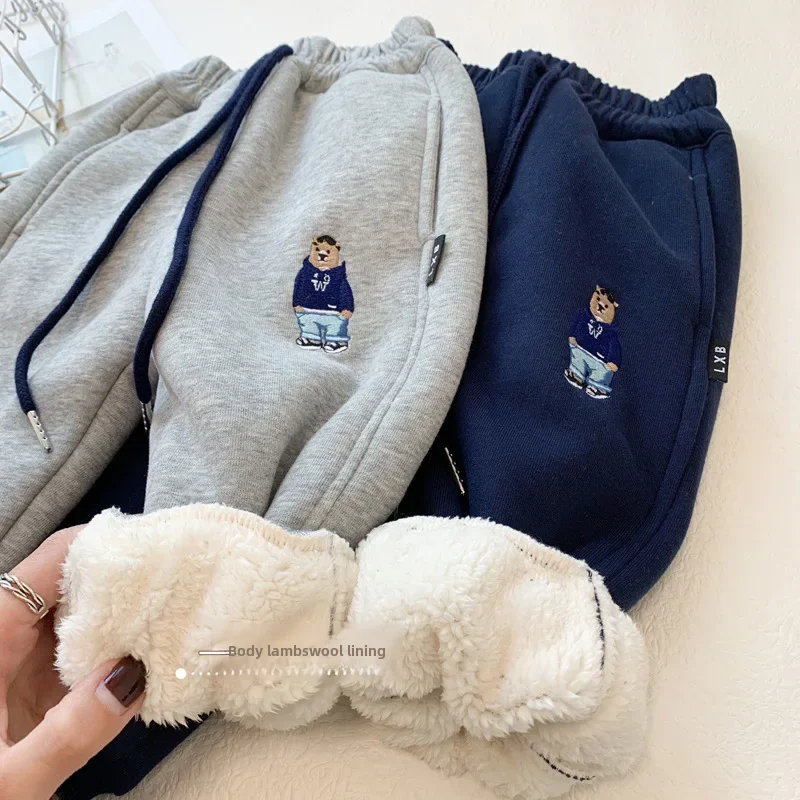 Autumn Winter Kids Fleece-lined Thickened Pants Casual Woolen Trousers Warm Sweatpants For Boys Girls