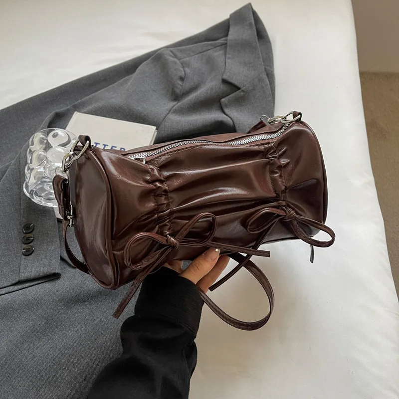 Wrinkled Fashion Korean Single Shoulder Crossbody Bags for Women, Zipper Closed, New Versatile Leather Handbag