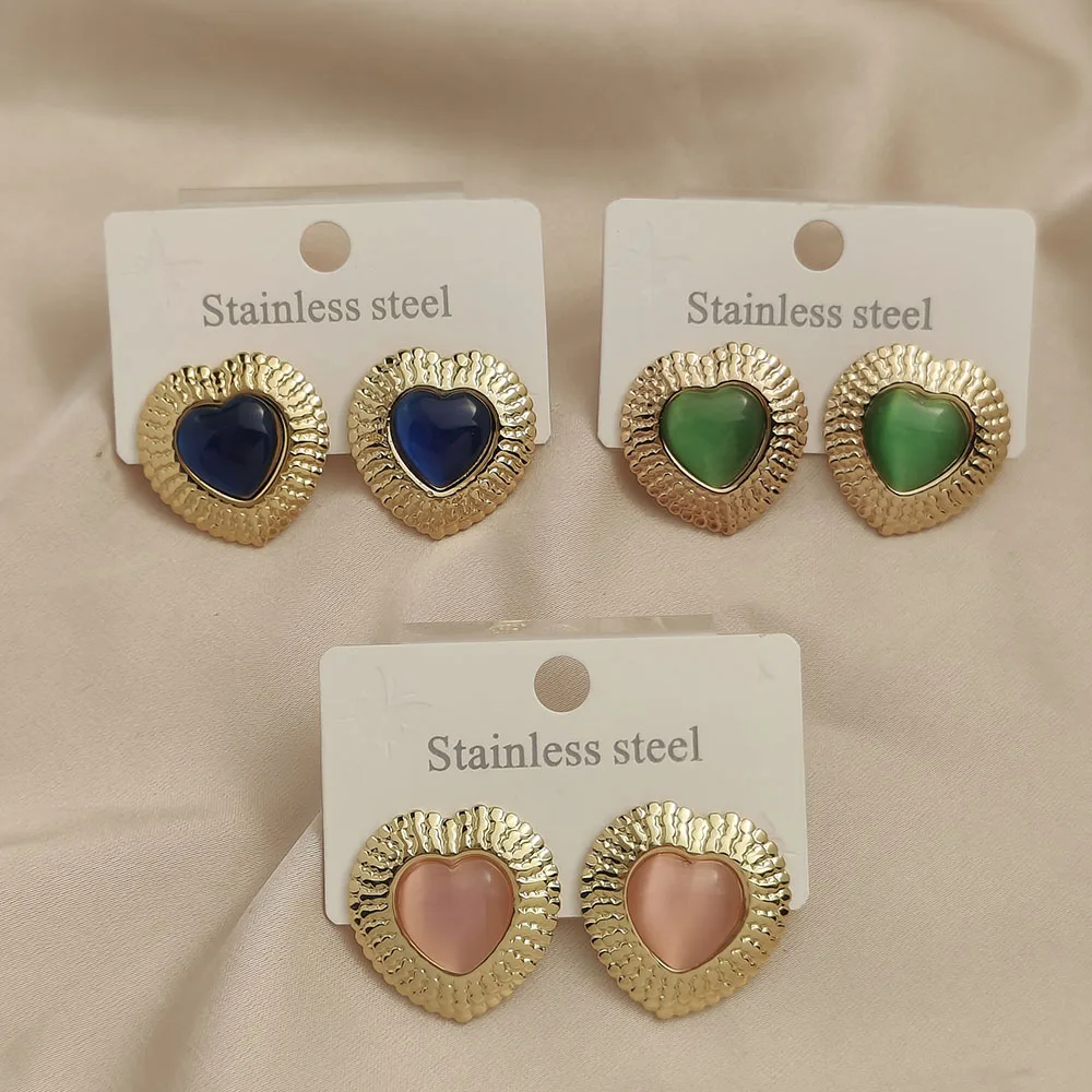 

Trendy love colored gemstone stainless steel earrings, waterproof and non-fading heavy metal earrings, wedding party gifts