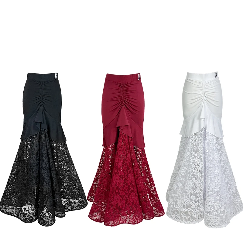 

Юбки для бальных танцев 2025 года для женщин, сексуальная кружевная кружевная юбка с рыбьей косточкой, большая юбка-чач, румба, танго, одежда для современного танца для взрослых, DQS20657