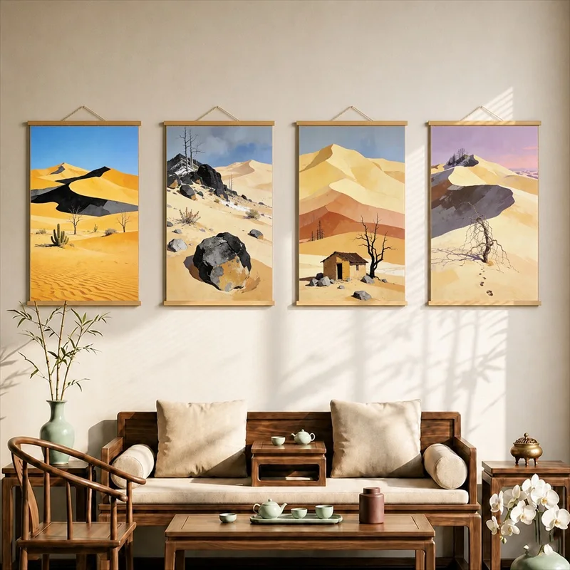 Desert Dunes Abstract Canvas Wall Art Hanging Scroll Minimalist Sand Landscape Print with Wooden Rods for Living Room