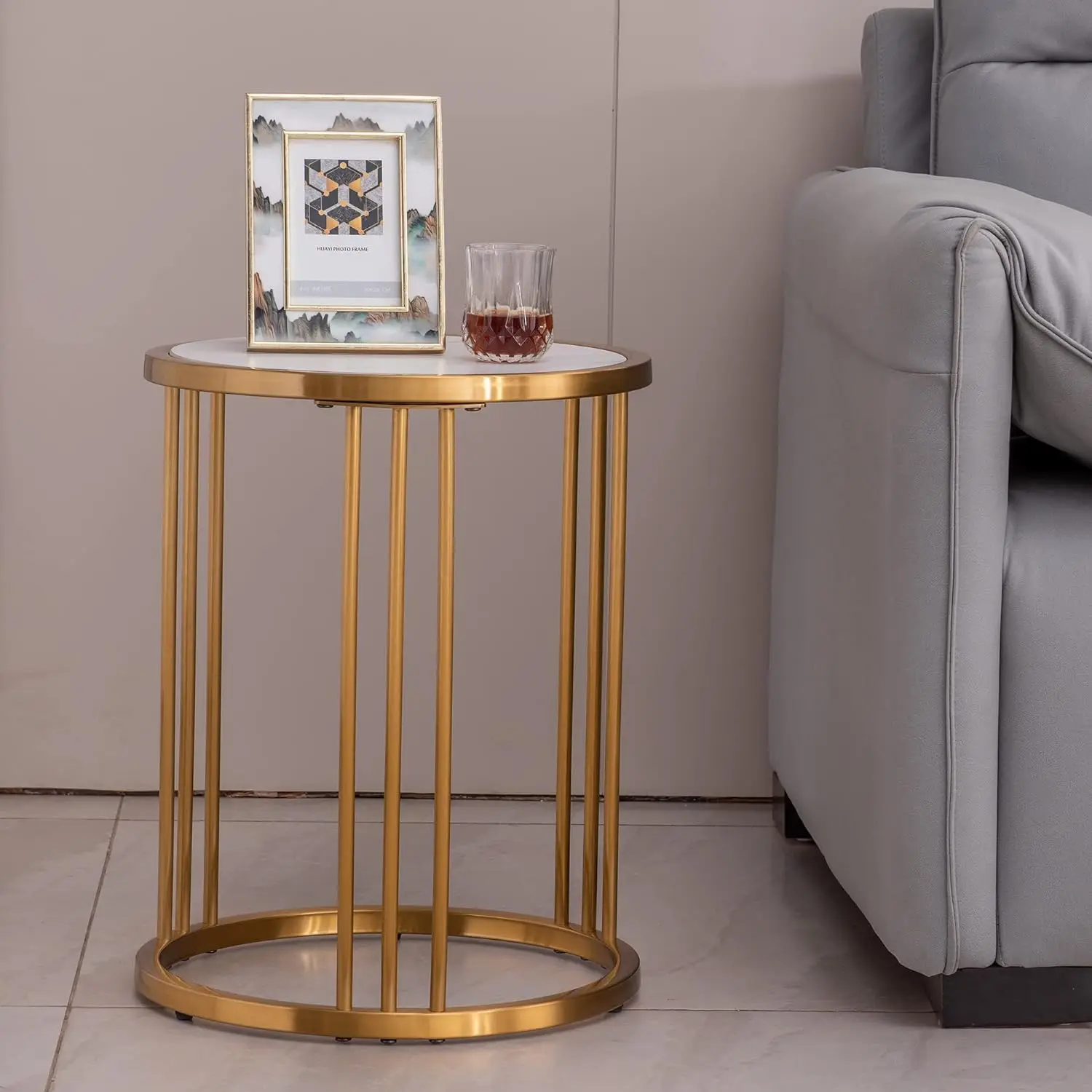 Comfort corner Slate/sintered Stone Round Side/end Table with Golden Stainless Steel Frame