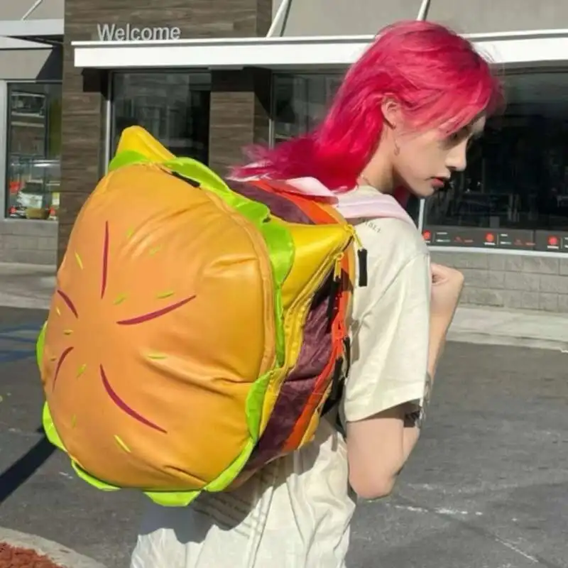 Stylish Hamburger Daypack Laptop Storage Zipper Portable Casual Tote PU Cheeseburger Backpack for Unisex Travel Outdoor Vacation
