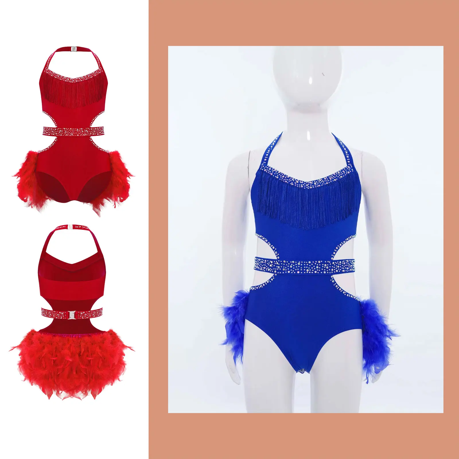 Kids Girls Jazz Ballet Jersey Dance Dress Stage Performance Costume Shiny Rhinestones Feather Skirted Leotard Bodysuit Dancewear