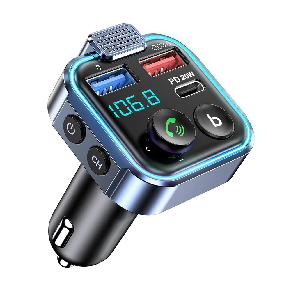 Bluetooth 5.0 FM Transmitter with Type C PD 20W & QC3.0 USB Fast Charger Hands-free Supporting USB Memory Stick Audio Receiver