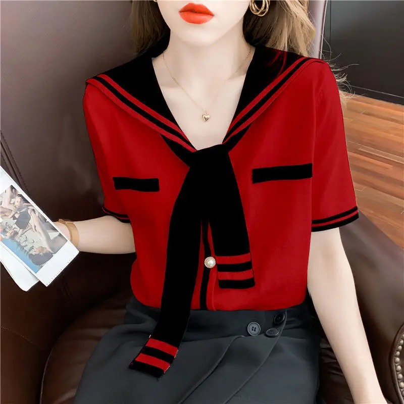 Fashion V-Neck Spliced Tie Button Loose Blouse Oversized Lace Up Commute Pullovers 2022 Summer New Casual Female Clothing Shirt