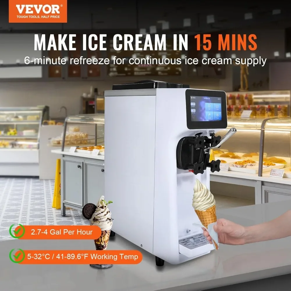 Commercial Ice Cream Maker, 10-20L/H Yield, 1000W Countertop Soft Serve Machine with 4.5L Hopper