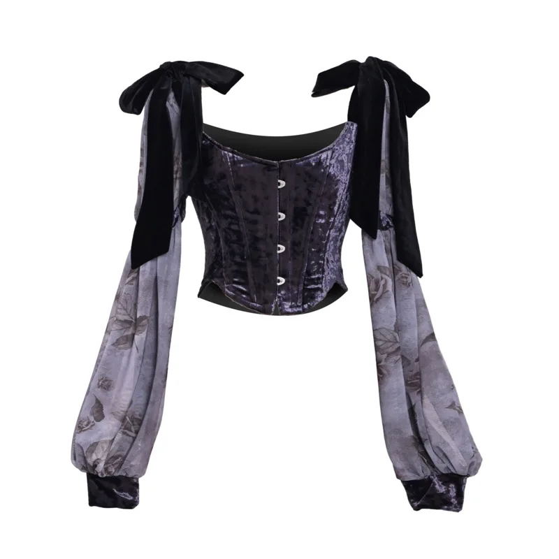 New Women Festival Velvet Long Sleeve Blouse Fishbone Bow Strap Corset Slim Pretty Elegant Blouse Gothic Shirt for Women 2023