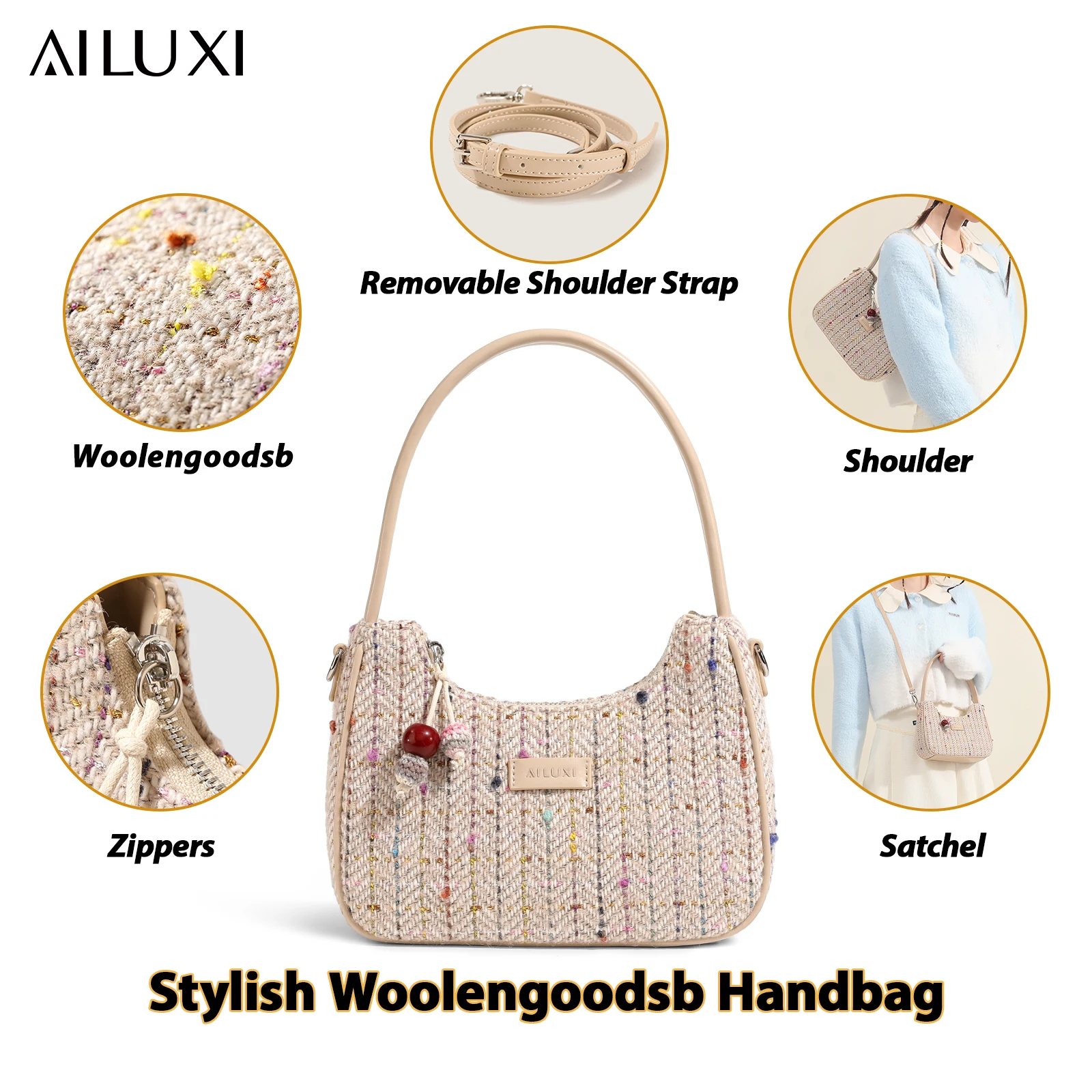 AILUXI Women Handbag Original Niche Designer Fashion Fragrant Fabric French Armpit Moon Tooth Single Shoulder Crossbody Bag