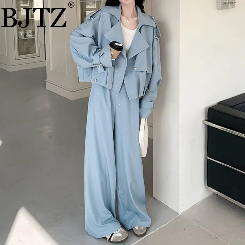 

BJTZ Fashion Loose Designer Women's Two Piece Set 2025 Spring Autumn New Lapel Top+wide Leg Casual Pant 2 Piece Female Sets