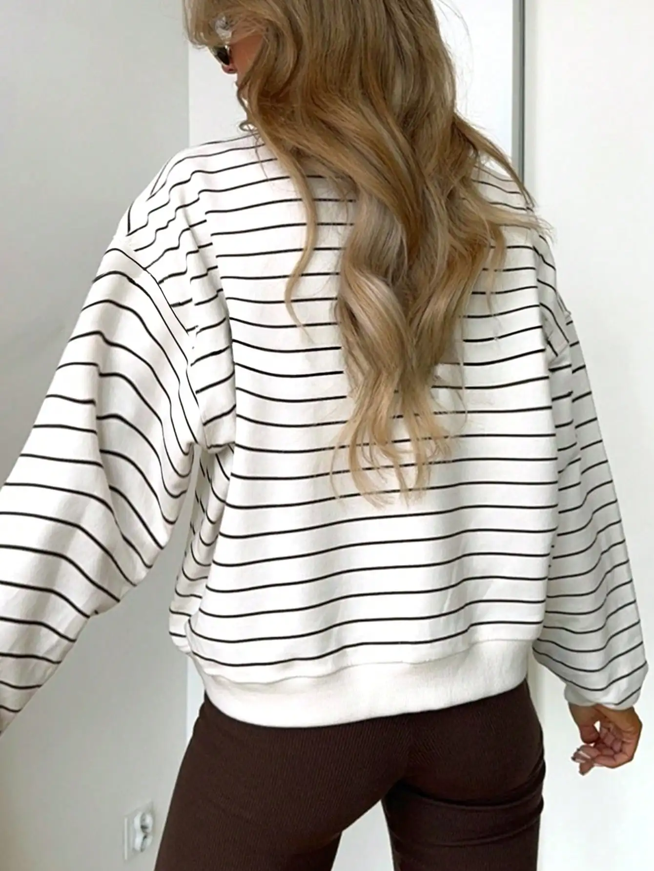 Women's Black & White Striped Long Sleeve Sweatshirt, Casual Minimalist Style, Autumn Loose Fit