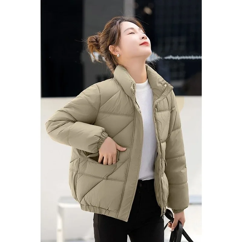 Korean Style Women Winter Stand Collar Cotton Padded Coat Short Loose Warm Fashion Outfit For Petite Ladies
