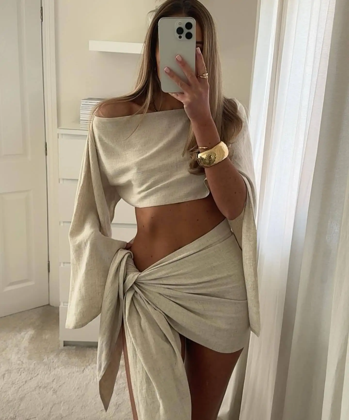 White Elegant Women Summer Vacation Cotton Linen Crop Top 2 Piece Set Fashion White Mini Skirt Suits 2024 New Lady Beach Outfits