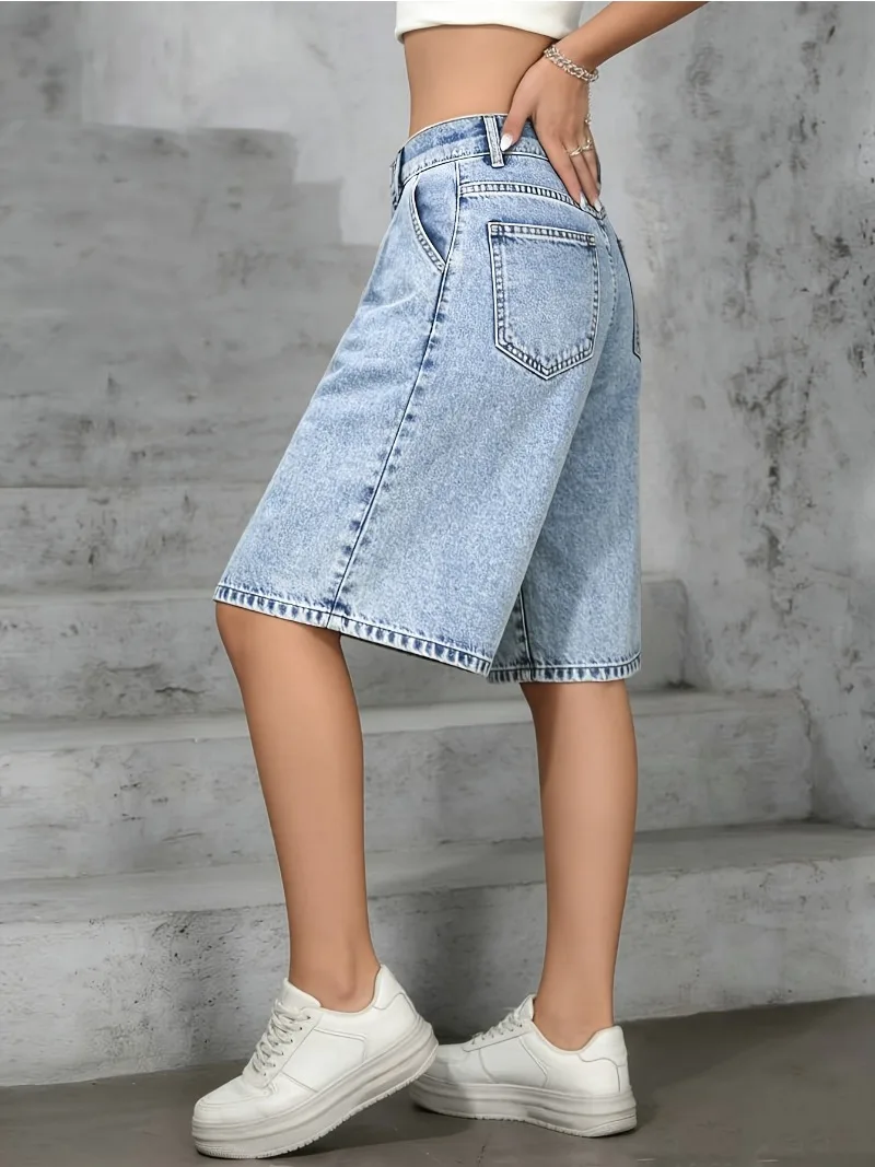 

Women's Vintage Washed Denim Bermuda Shorts High Waist Baggy Wide Leg Knee Length Jorts Streetwear Casual Summer Jean