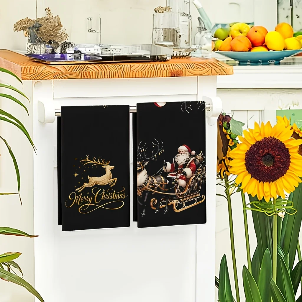 4/2 Pieces, Random Styles, Deer Antler Santa Claus Kitchen Towel, Soft, Perfect for Holiday Decoration, Machine Washable, Christmas Kitchen Towel, Dishcloth, Cleaning Cloth, Hand Towel, Tea Towel, Super Soft, Highly Ab