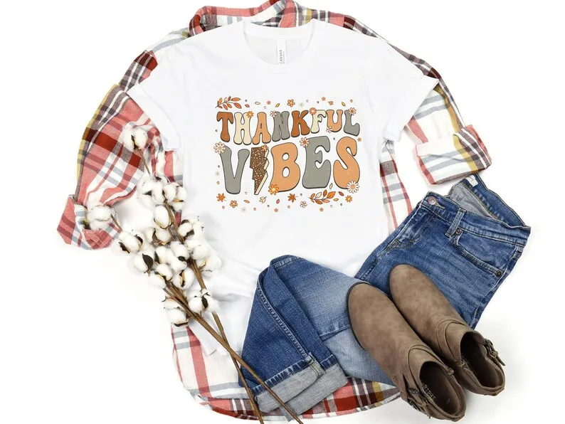 Thankful Vibes T Shirt Thanksgiving Apparel Thanksgiving Day Fall Season Attire Short Sleeve Top Tees O Neck 100% cctton kawaii