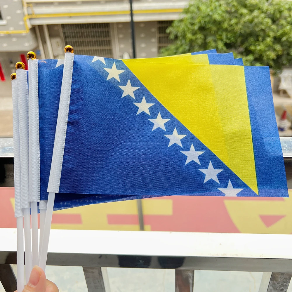 Bosnia and Herzegovina hand flag 14x21cm Polyester Fade-Resistance Hand Waving Flag with Plastic Flagpole for Events