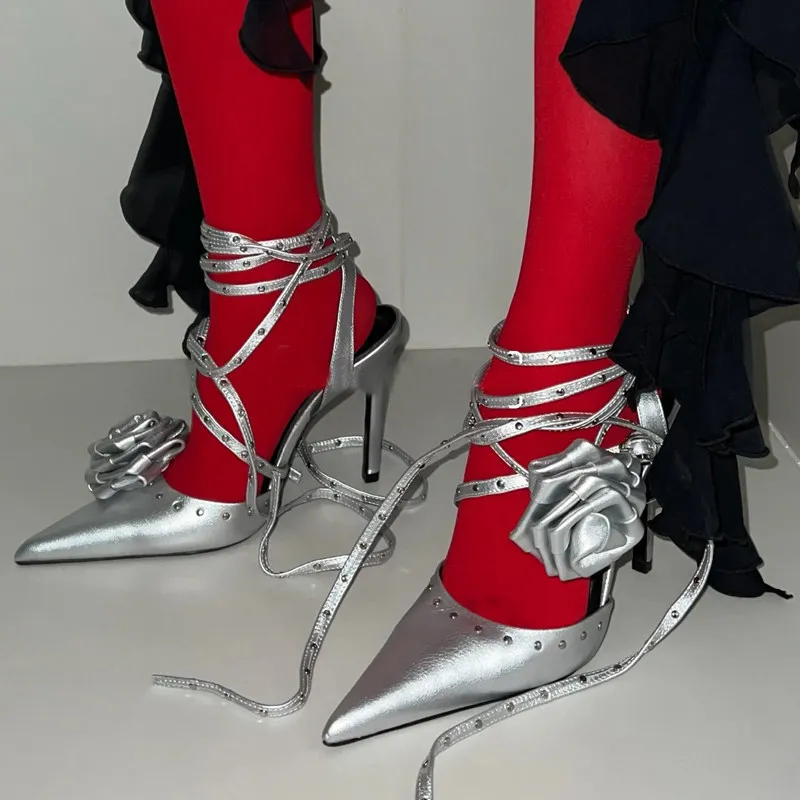 

2026 Spring New Silver Dark Goth Y2k Rose Cross Strap Sandals Ladies French Pointed High Heels Stiletto Sandals for Women