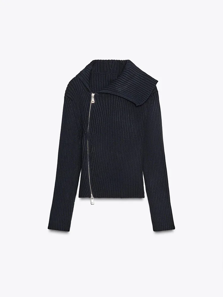 سترة أنيقة محبوكة بأكمام طويلة وياقة بسحاب، موديل جديد للخريف، كارديجان نسائي عصري مخطط قصير مفتوح من الأمام للمراهقات