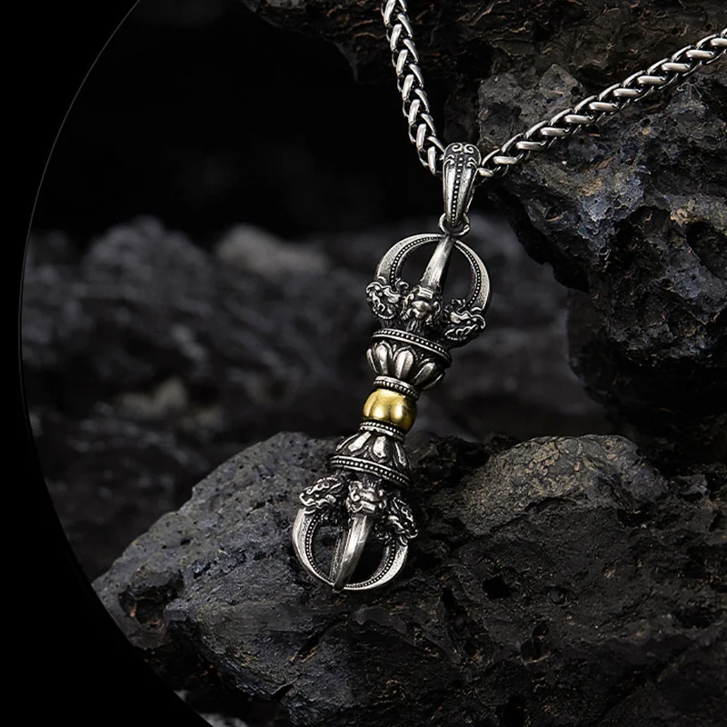 Ethnic Style Gold Silver Collision Vajra Pendant For Men Jewelry Blessing Ward Off Evil Vajra Pestle Necklace Male Accessories