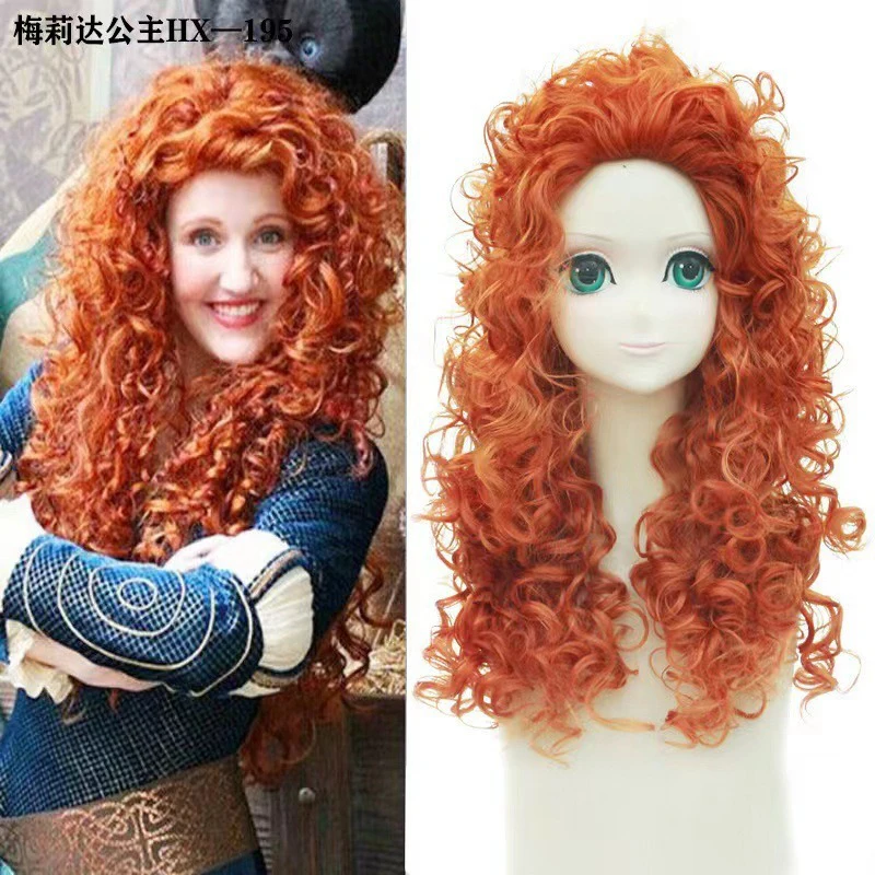 Parrucca cosplay del film anime Brave Legend Princess Merida Parrucca piena di seta ad alta temperatura con capelli umani lunghi da donna ricci arancioni con rete rosa
