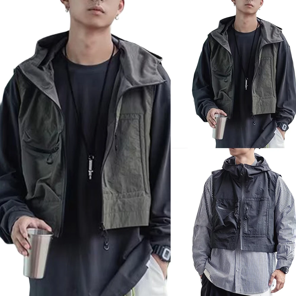 Casual Gatherings Outdoor Adventures Men Hooded Vest Men Lightweight Casual Vest Men Vest Multi-Pocket Workwear Hooded Design