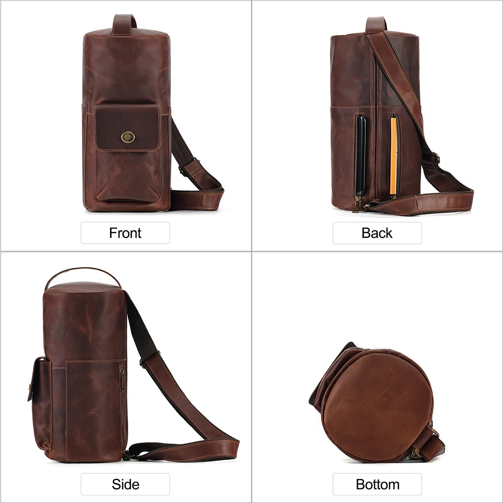 JOGUJOS Genuine Crazy Horse Leather Shoulder Bag Messenger Bag Men Fashion Cylindrical Travel Hiking Crossbody Bag Handbags