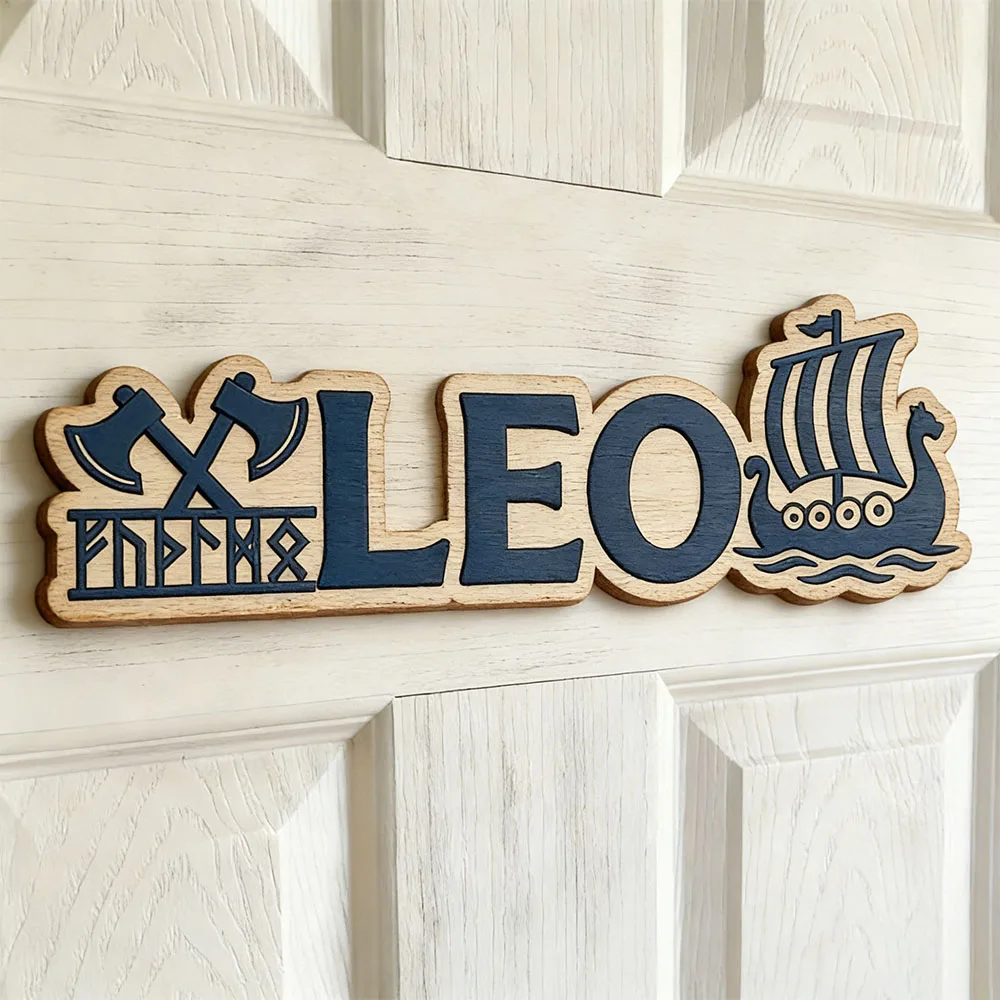Personalized Viking Name Sign, Norse Longship & Axe Wooden Nursery Decor, Cute Kids Door Plaque, Unique Gift