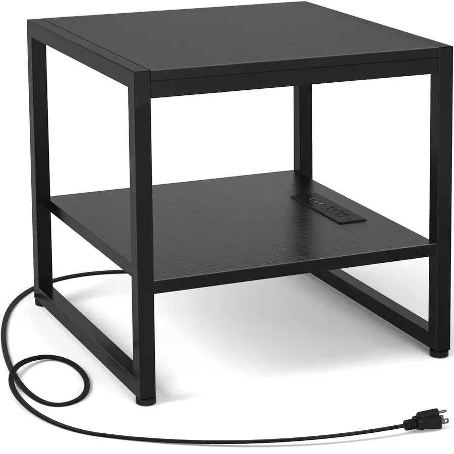 

End Table with Charging Station, 20 Inch Mini Fridge Stand with 2Tier Open Shelf, Square Bedside Nightstand amp Sofa Side Table