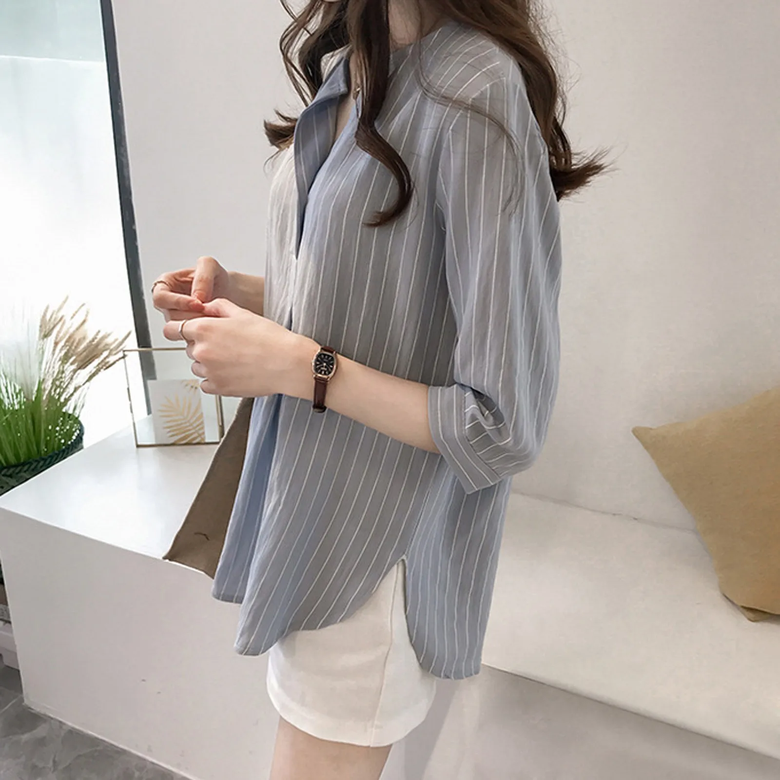 Women\'s Shirt 2024 Summer Elegant Half Sleeve Commuter Blouse Shirt Fashion Striped Printed V Neck Button Loose Shirt Blouse