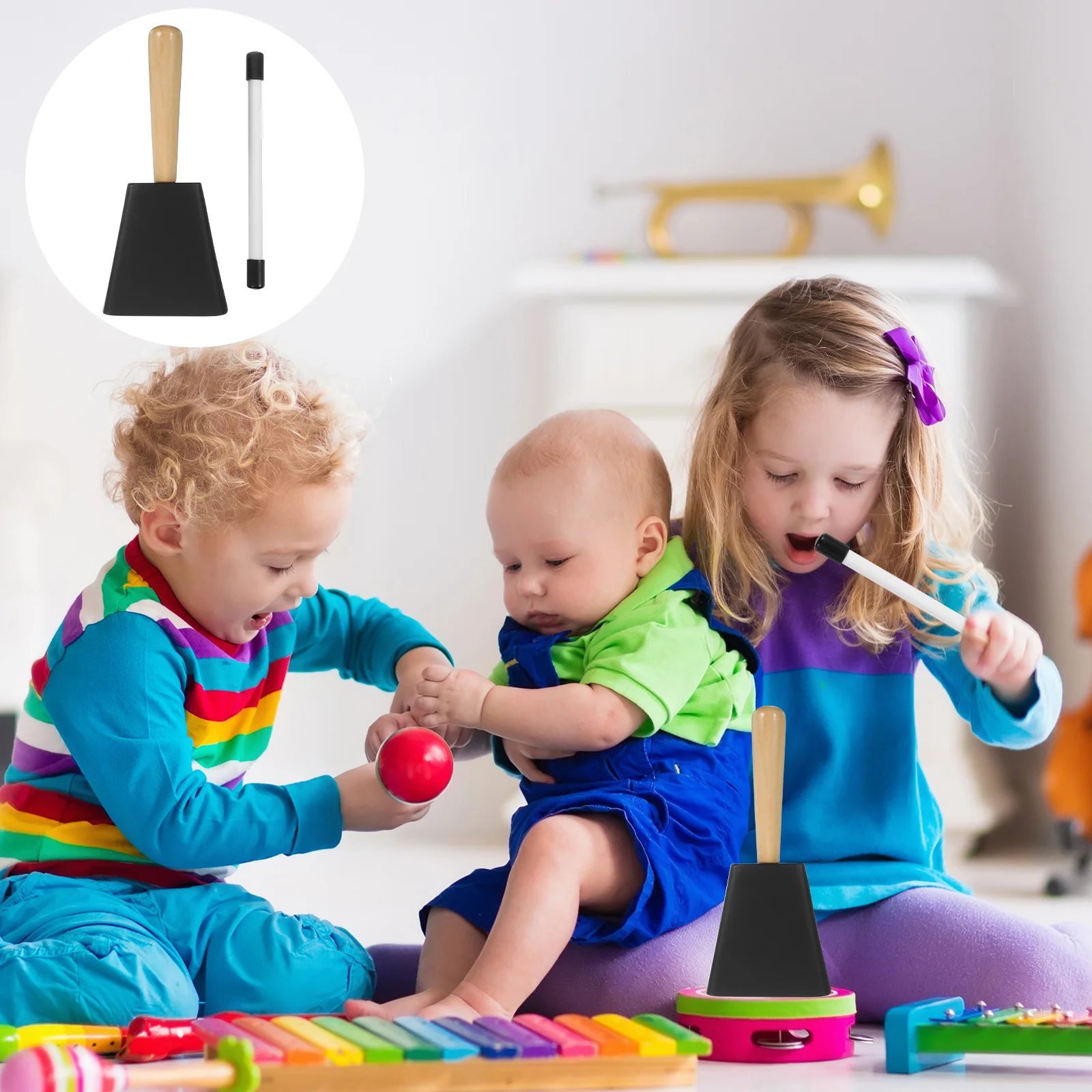 

Metal Cowbells with Wooden Handle Black Sturdy Iron Cheering Bells for Outdoor Games Wedding School Music Instrument Calling