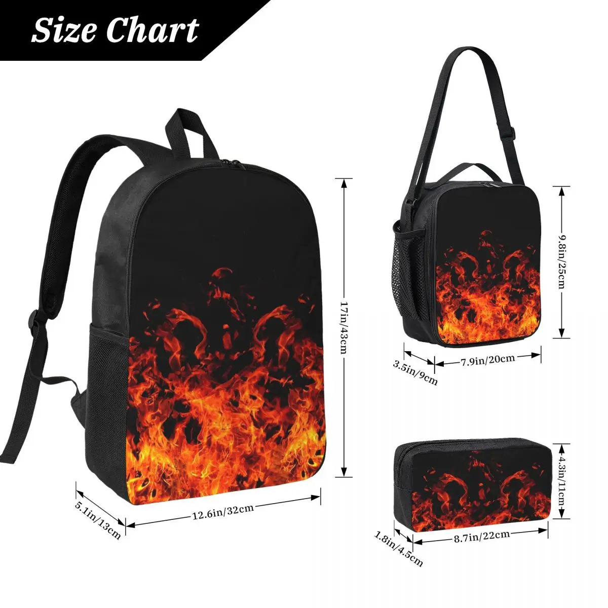 Flame Patterns Of Fury Backpack Student Boys Girls BookBag School Bag Laptop Shoulder Bags 3ps Insulated Lunch Bag Pencil Case