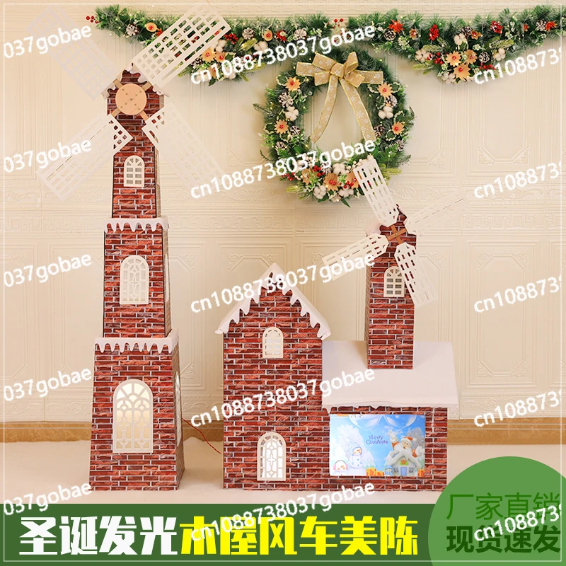 Large Christmas Decoration Decoration Wooden Christmas Snow House Windmill Castle with Lights Outdoor Beautiful Decoration