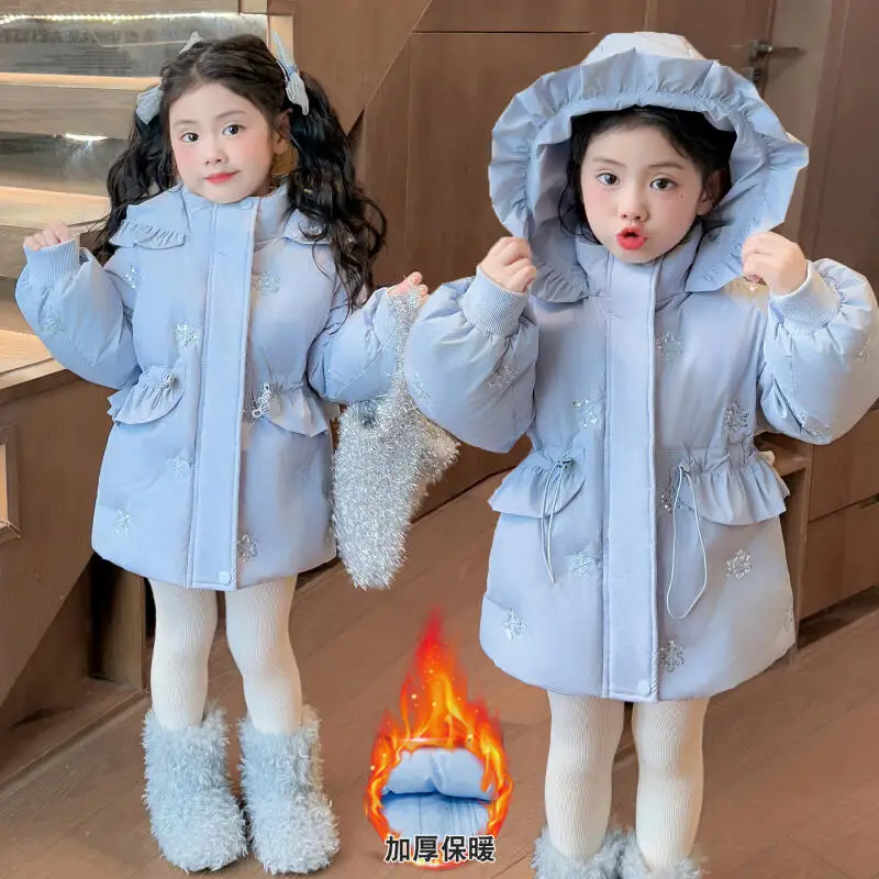 

Милая утепленная хлопковая одежда с изображением Эльзы для девочек, пальто со снежинками и блестками, зимняя милая детская теплая хлопковая стеганая куртка с капюшоном Disney