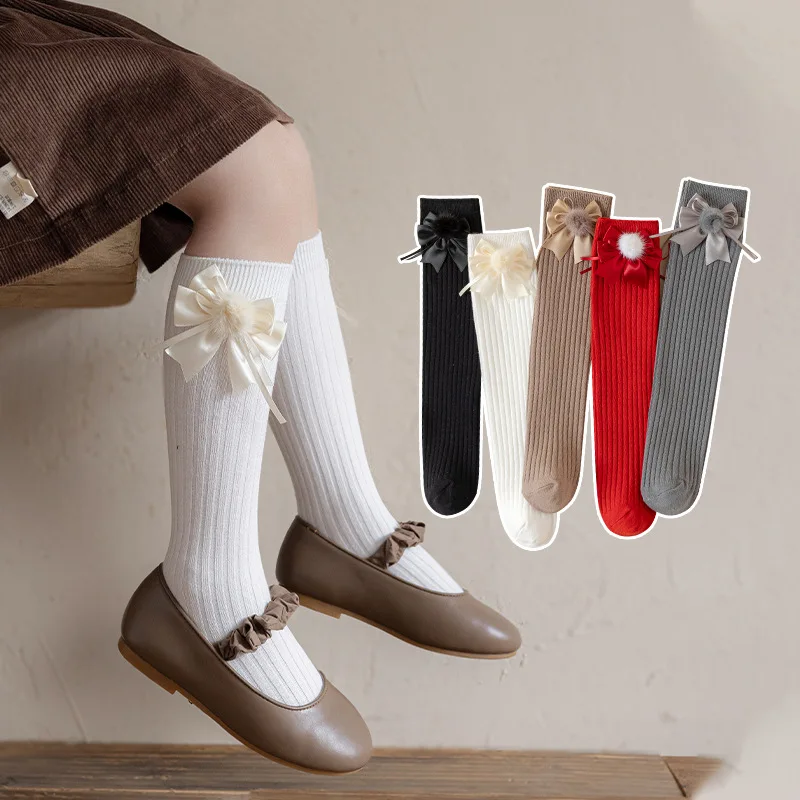 2025 جديد الفتيات جوارب طويلة إلى الركب بلون الكورية نمط القوس ديكور الأطفال الجوارب ربيع الخريف 3-8Y الاطفال موضة منتصف العجل الجوارب #1