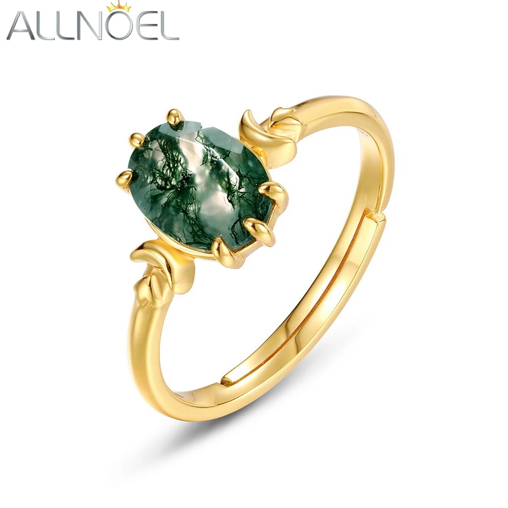 

ALLNOEL стерлингового серебра 925 пробы открытые кольца для женщин натуральный овальный 6*8 мм моховой агат уникальный драгоценный камень позолоченные целебные украшения подарок