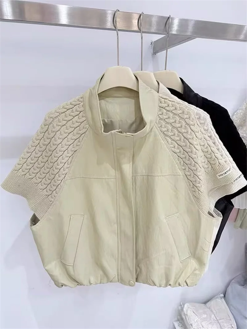 Guobioziy Women's Jacket 2026 Early Autumn New Arrival Fashionable Versatile Knit-Panel Casual Stand Collar Faux Leather Jacket